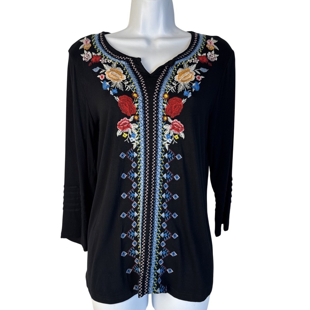 Liv‎ Los Angeles Embroidered Top Women Size S Black Boho 3/4 Sleeve SB1105K